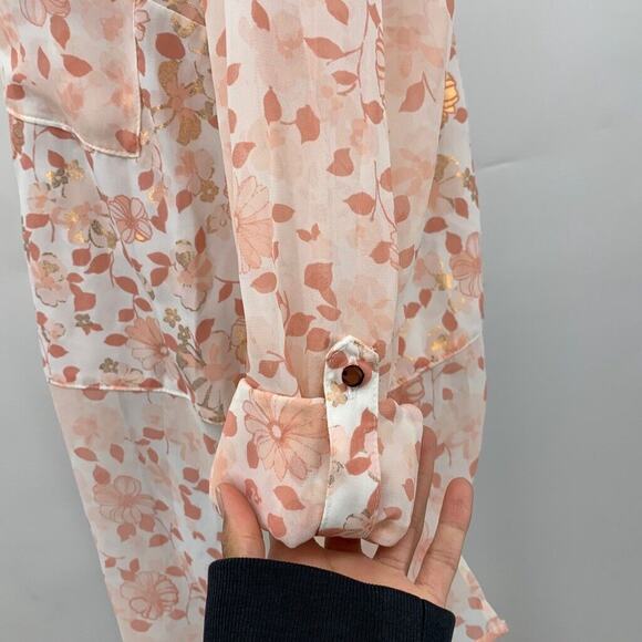 Candies Blouse Womens M Medium Floral Tab Sleeve Button Mixed Fabric Petal Back - Picture 3 of 11